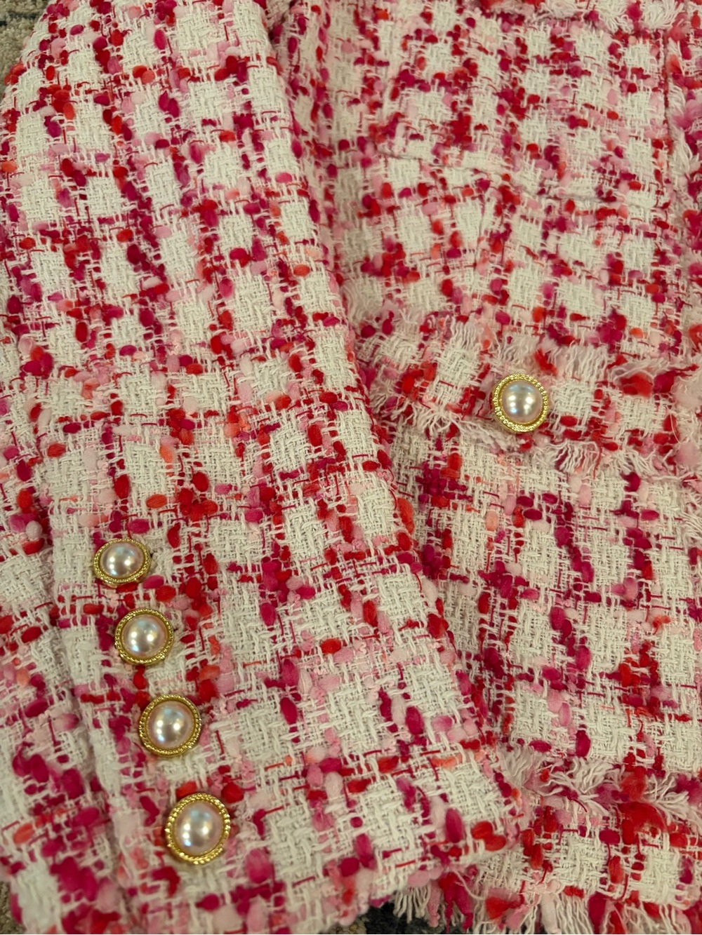 Nanette Lepore Pink Red Tweed Open Front Blazer Pearl Buttons SZ 8 - Picture 2 of 4
